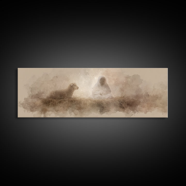 Starry Manger Glow | Framed Canvas Print | Christian Christmas Art | Christian Art Canvas | Jesus Painting | Panoramic Wall Art