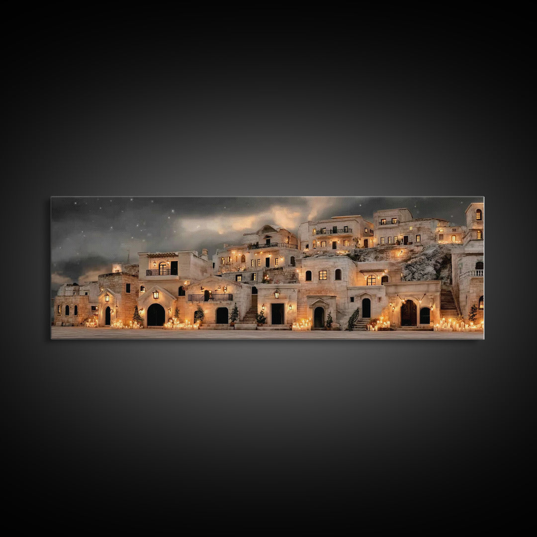Holy City Dawn – Framed Canvas Print – Christian Christmas Art – Christian Wall Art – Christian Art Canvas – Panoramic Painting – Christmas