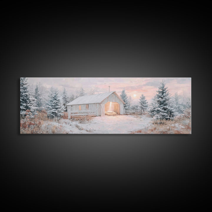 Star Over The Manger, Framed Canvas Print, Panoramic Art, Christian Wall Art, Christian Art Canvas, Christmas Art, Christian Christmas