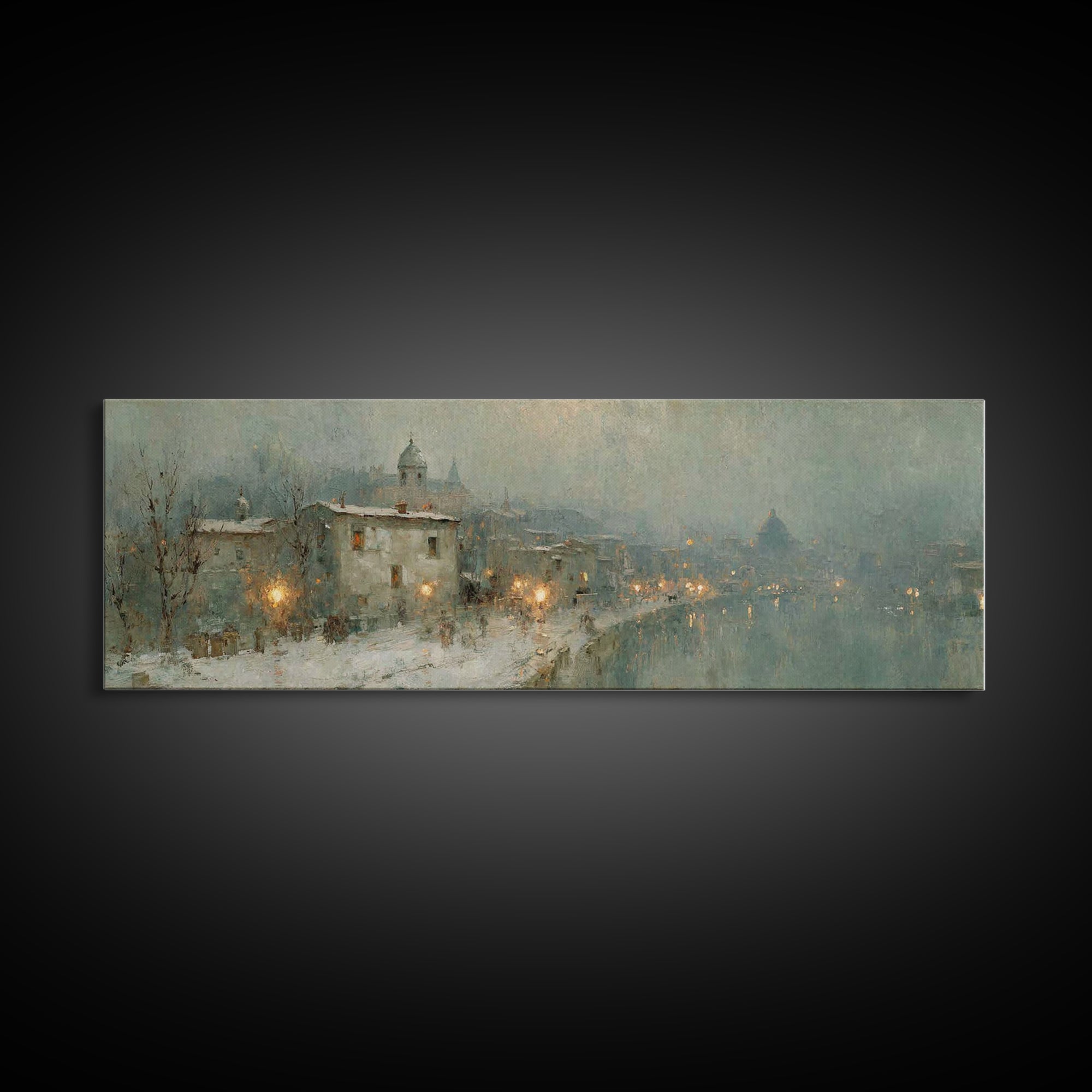 Winter Chapel Glow | Framed Canvas Print | Christian Art | Christian Christmas Art | Christian Art Canvas | Panoramic Wall Art | Christian