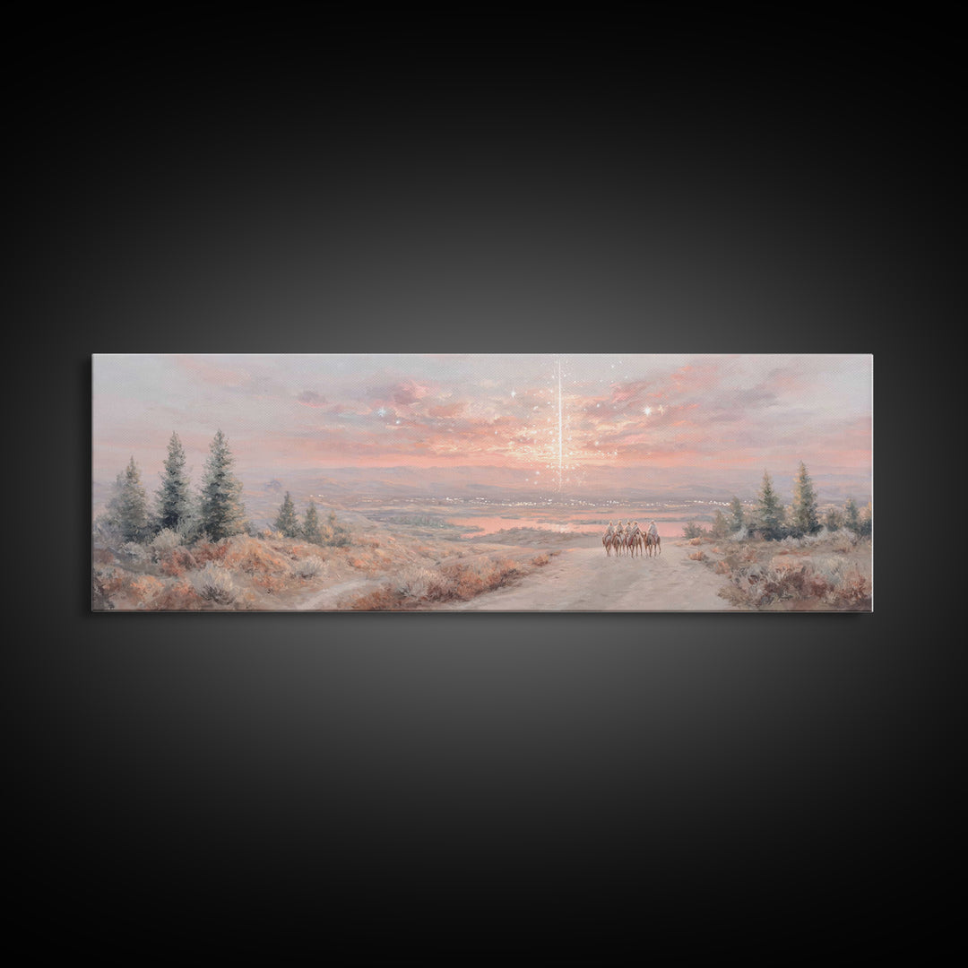 Star Over Mountains | Framed Canvas Print | Christmas Wall Art | Christian Art | Christian Art Canvas | Panoramic Painting | Christian Gift