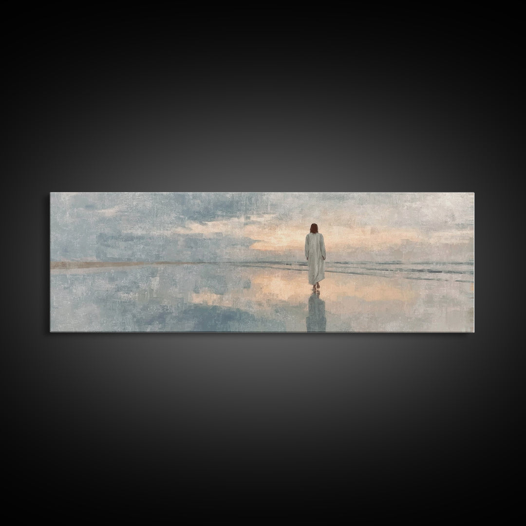 Heavenly Shore Path, Framed Canvas Print, Christian Wall Art, Jesus Painting, Panoramic Art, Christian Art Canvas, Christmas Art