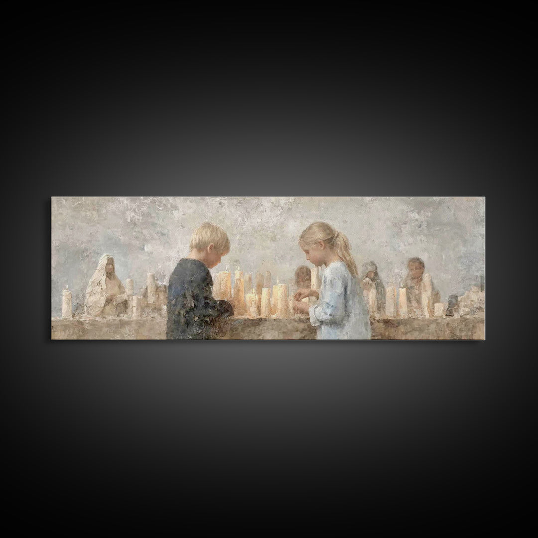 Little Lights Gathered | Framed Canvas Print | Christian Art Print | Christmas Wall Art | Panoramic Art | Christian Art Canvas | Christmas