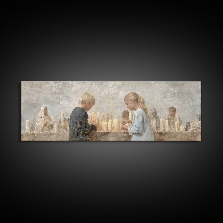 Little Lights Gathered | Framed Canvas Print | Christian Art Print | Christmas Wall Art | Panoramic Art | Christian Art Canvas | Christmas