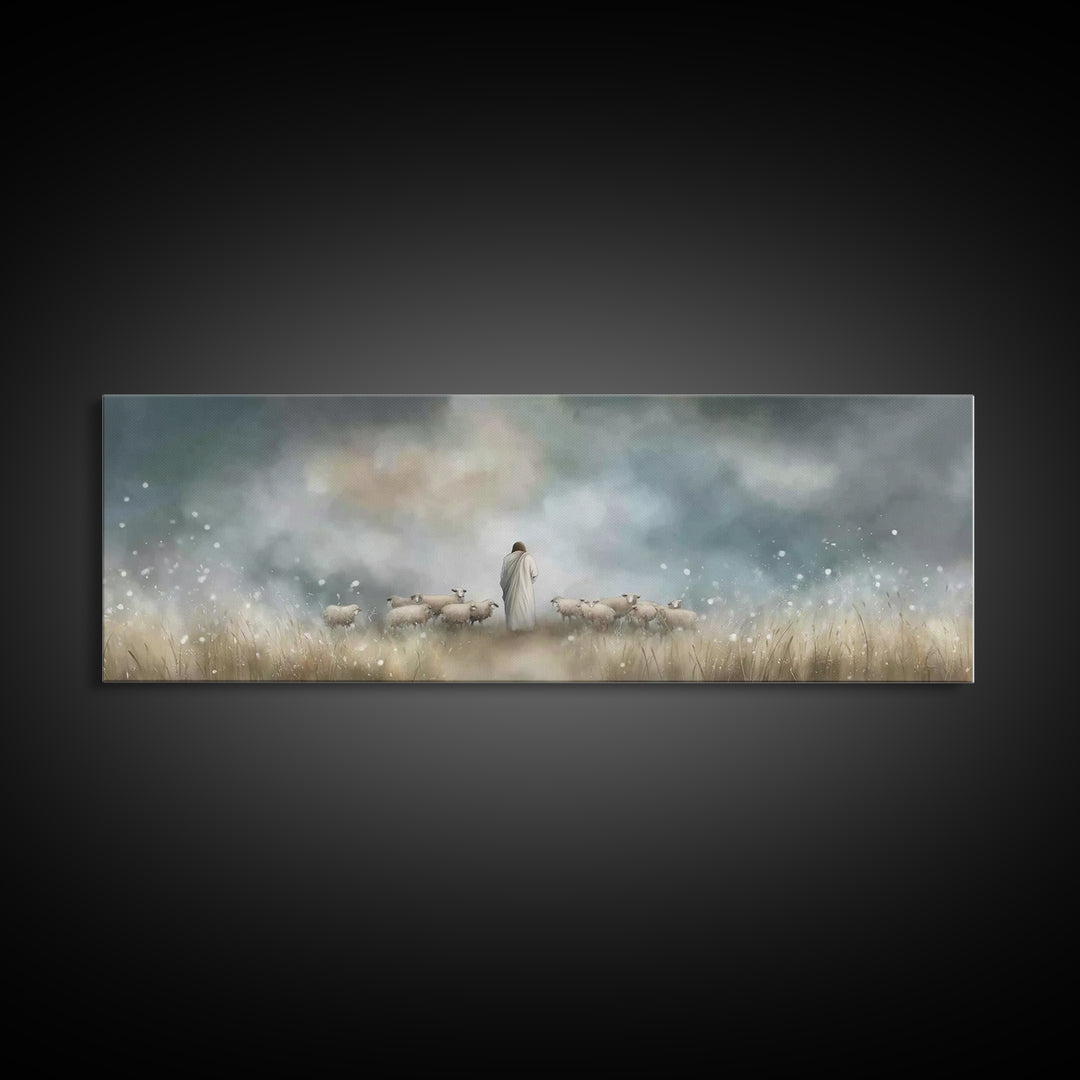 Pastoral Shepherd Light, Framed Canvas Print, Jesus Painting, Christian Wall Art, Panoramic Art, Christian Art Canvas, Christian Decoration