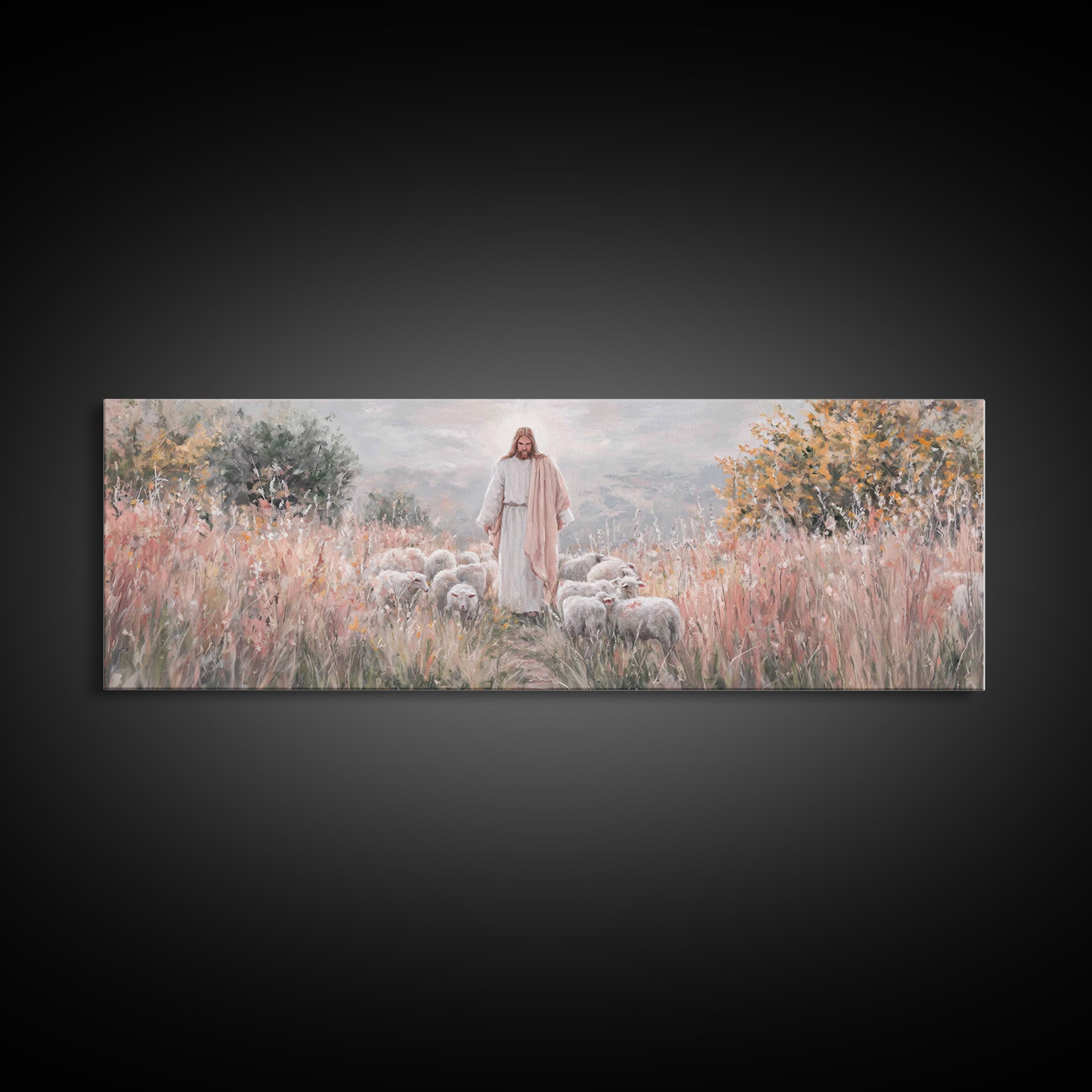 Shepherd Of Mercy – Framed Canvas Print – Jesus Art Print – Christian Wall Art – Panoramic Wall Art – Large Christian Art – Christian Paint