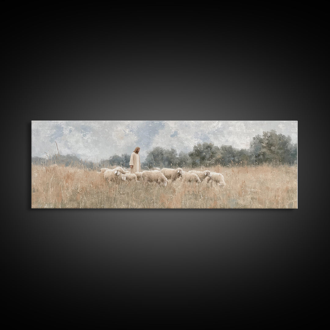 Quiet Meadow Flock, Framed Canvas Print, Christian Art Work, Jesus Painting, Panoramic Print, Christian Decor For Home, Christian Art Canva