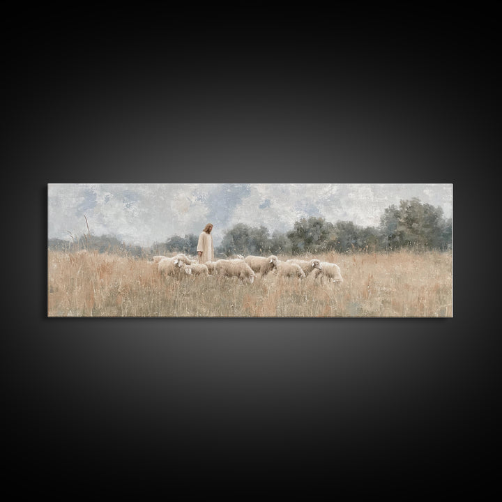 Quiet Meadow Flock, Framed Canvas Print, Christian Art Work, Jesus Painting, Panoramic Print, Christian Decor For Home, Christian Art Canva