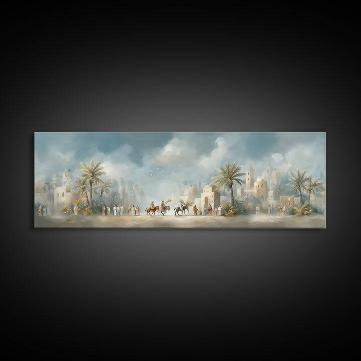 Desert Palm Caravan, Framed Canvas Print, Christian Art Canvas, Panoramic Art, Jesus Wall Art, Christian Decor, Christmas Canvas Wall Art