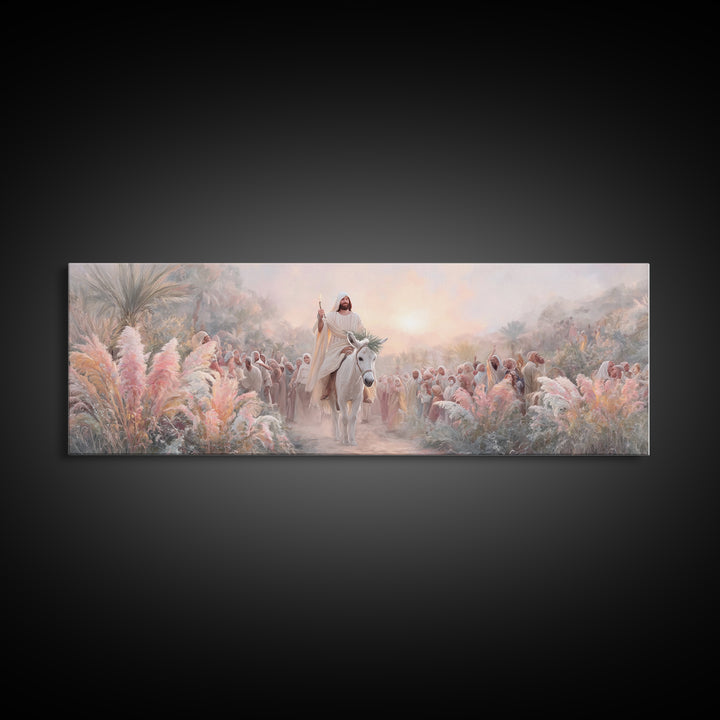 Palm Gate Welcome, Framed Canvas Print, Christian Painting, Panoramic Art, Jesus Canvas Art, Christian Christmas Art, Modern Christian Art