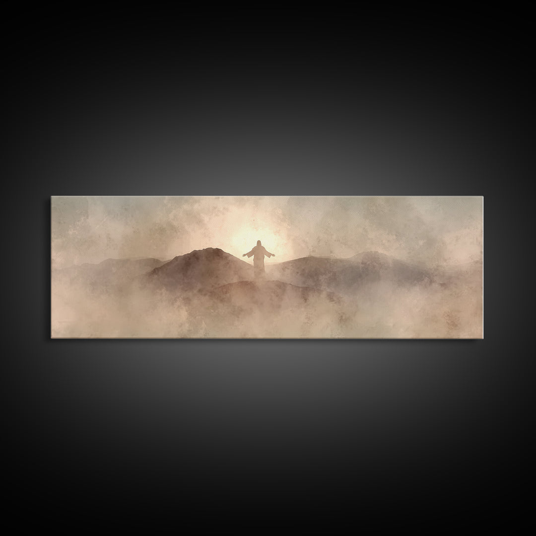 Dawn On Holy Heights, Framed Canvas Print, Panoramic Wall Art, Christian Art Canvas, Jesus Painting, Christian Art