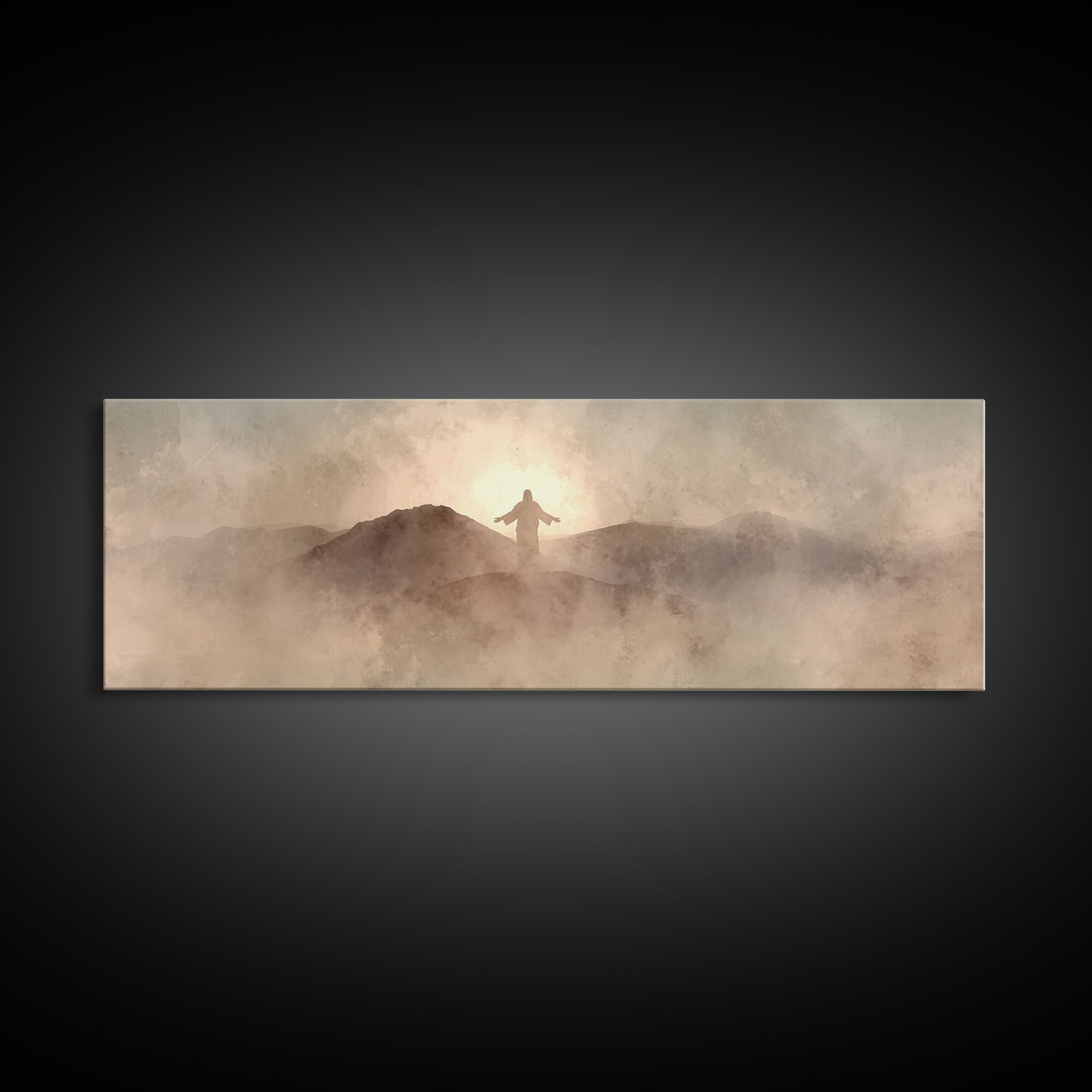 Dawn On Holy Heights, Framed Canvas Print, Panoramic Wall Art, Christian Art Canvas, Jesus Painting, Christian Art