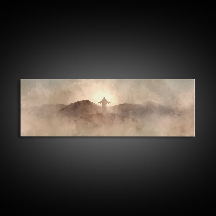 Dawn On Holy Heights, Framed Canvas Print, Panoramic Wall Art, Christian Art Canvas, Jesus Painting, Christian Art