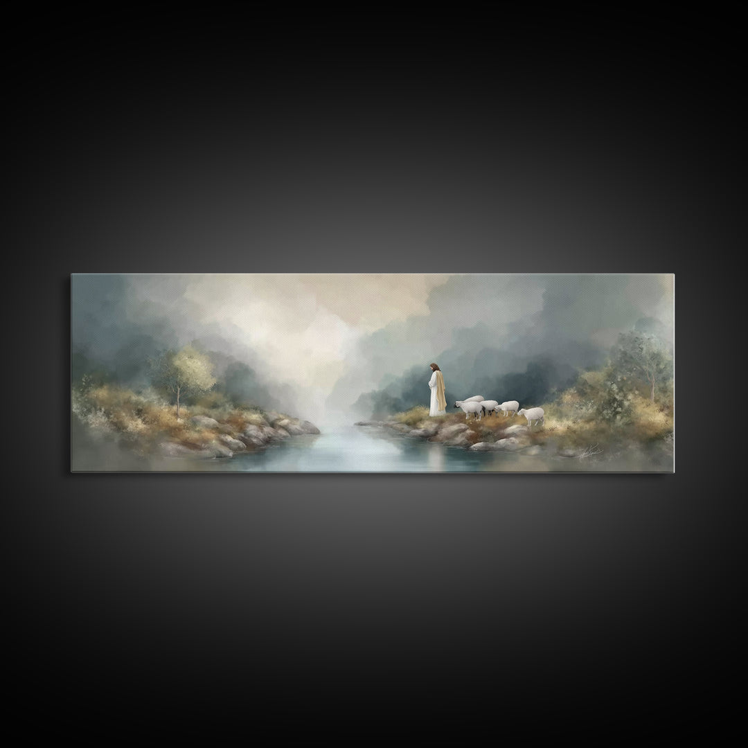 Shepherd's Quiet Path – Framed Canvas Print – Panoramic Frame – Jesus Painting – Christian Art Canvas – Christian Wall Art