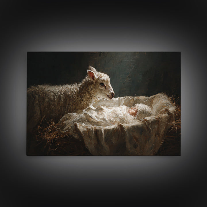 Holy Night Lamb – Framed Canvas Print – Christian Wall Art – Jesus Painting – Christian Christmas Art – Christian Art Canvas – Christmas Wa