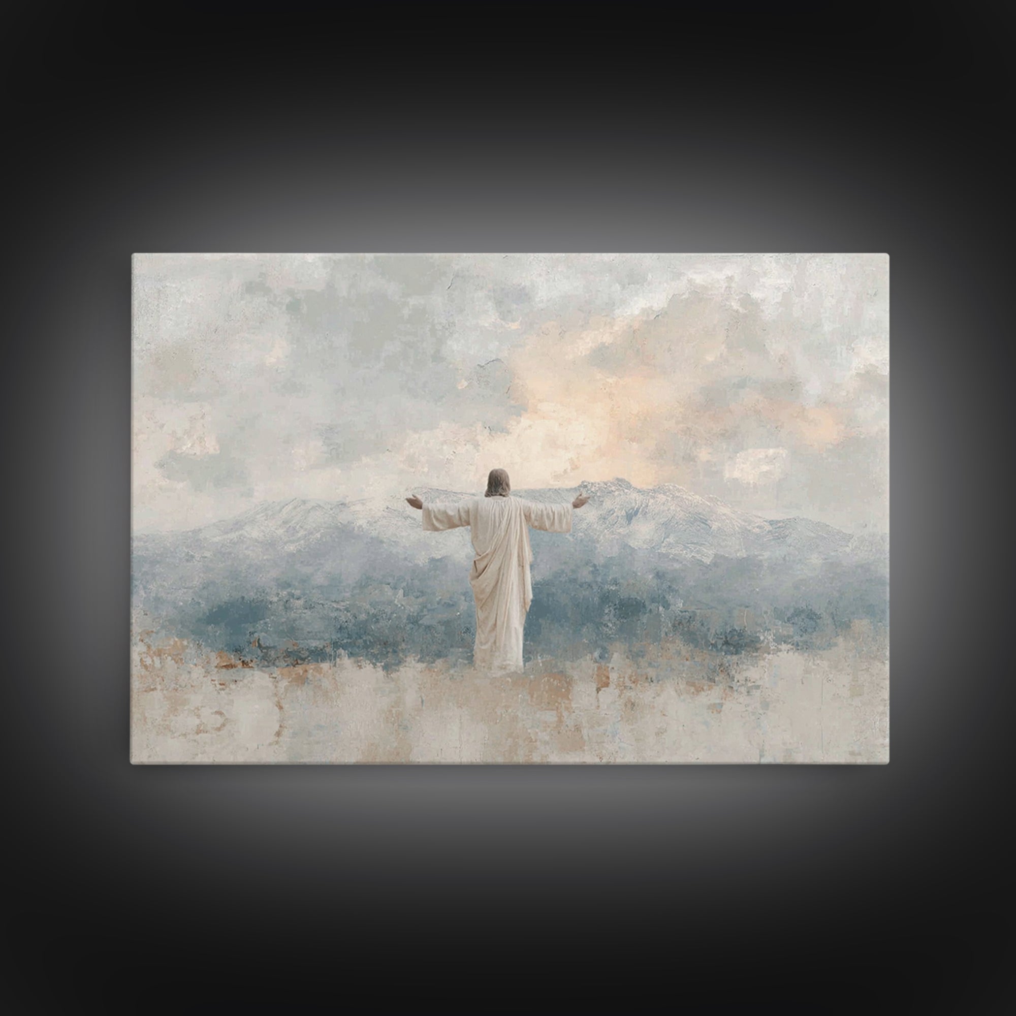 Mountain Dawn Savior – Framed Canvas Print – Christian Wall Art – Subtle Christian Art – Jesus Painting – Christian Art Canvas – Christian