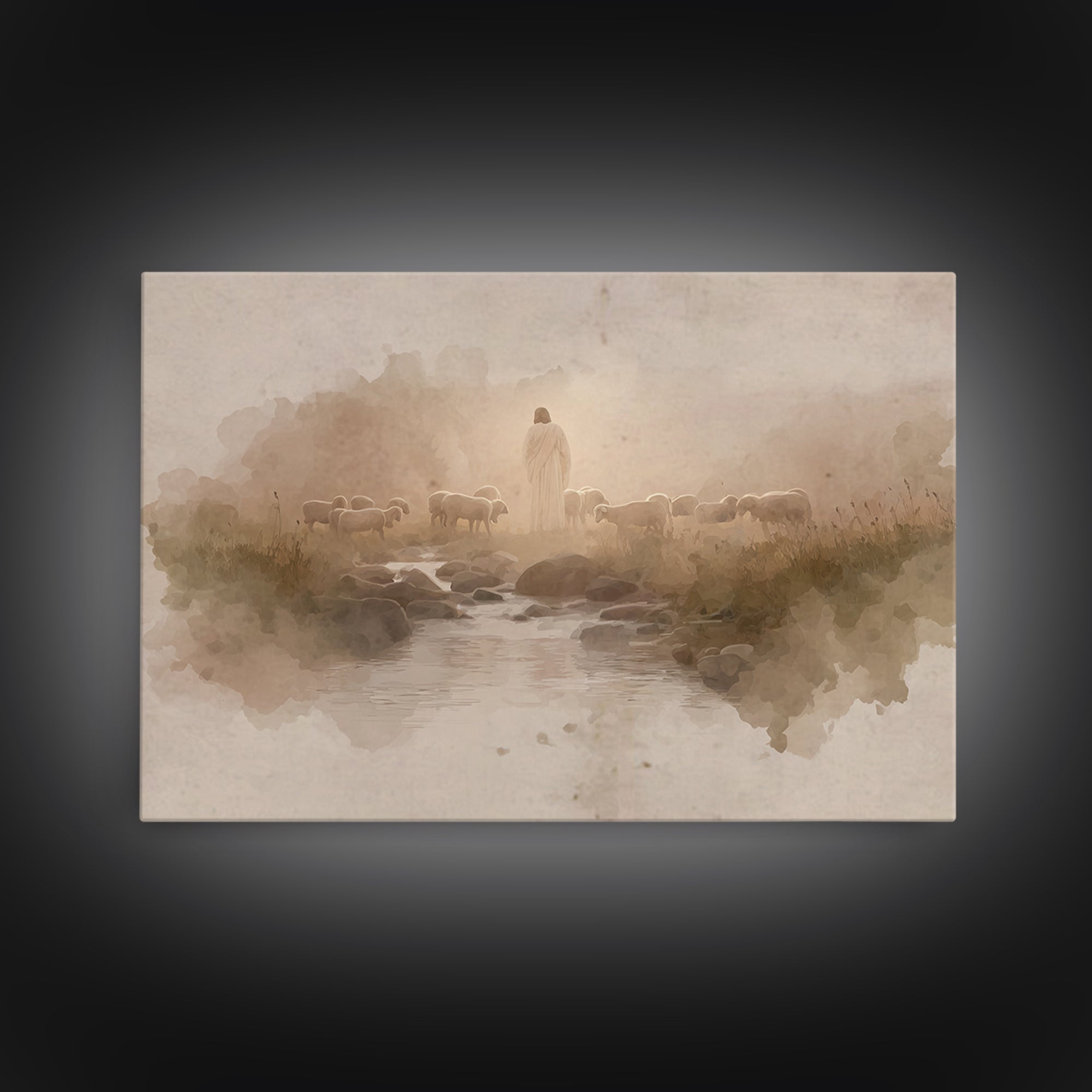 Golden Pastures Guide – Framed Canvas Print – Christian Wall Art – Jesus Painting – Christian Art Canvas – Pastoral Scenery – Christian Gif