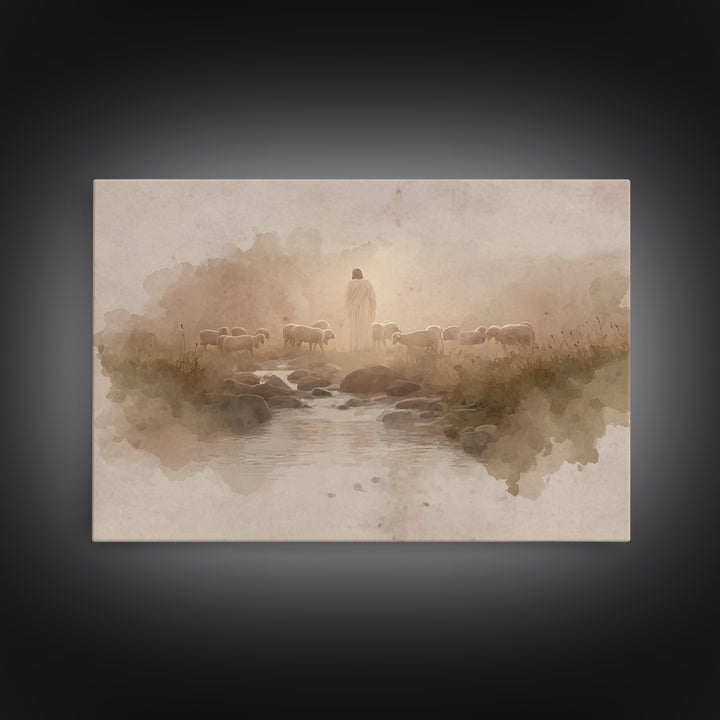 Golden Pastures Guide – Framed Canvas Print – Christian Wall Art – Jesus Painting – Christian Art Canvas – Pastoral Scenery – Christian Gif