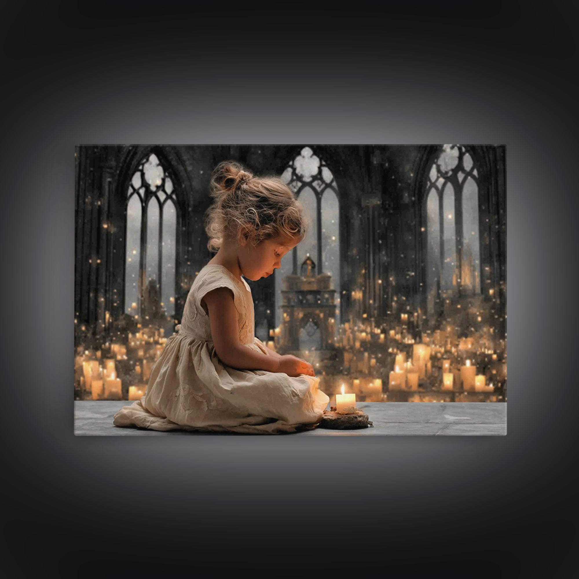 Cathedral Candle Prayer – Framed Canvas Print – Christian Art Canvas – Christian Wall Art – Moody Christian Art – Christian Christmas Art