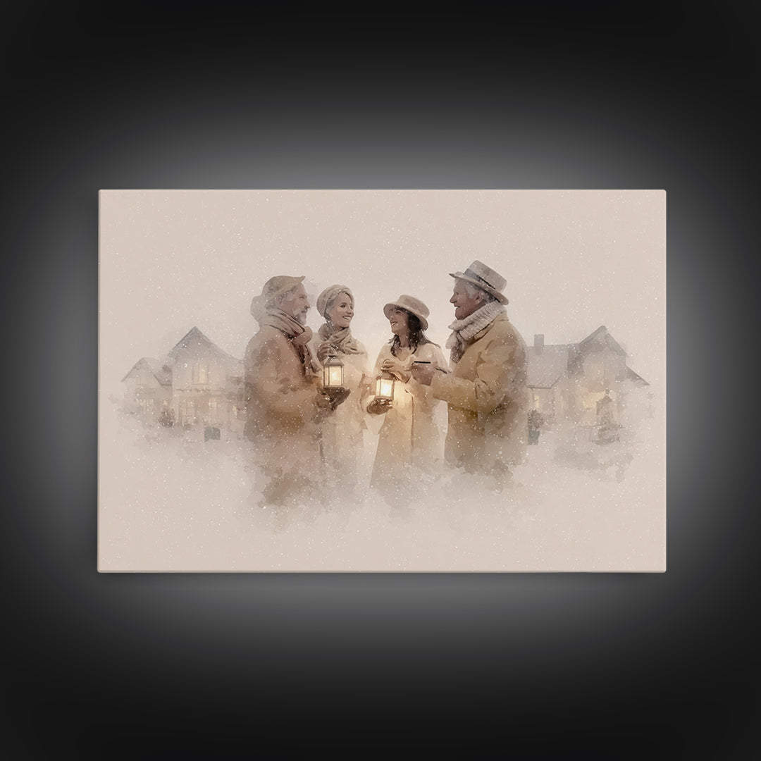 Lantern Gathering | Framed Canvas Print | Christmas Wall Art | Christian Christmas Art | Christmas Art Canvas | Retro Christmas Art | Holid