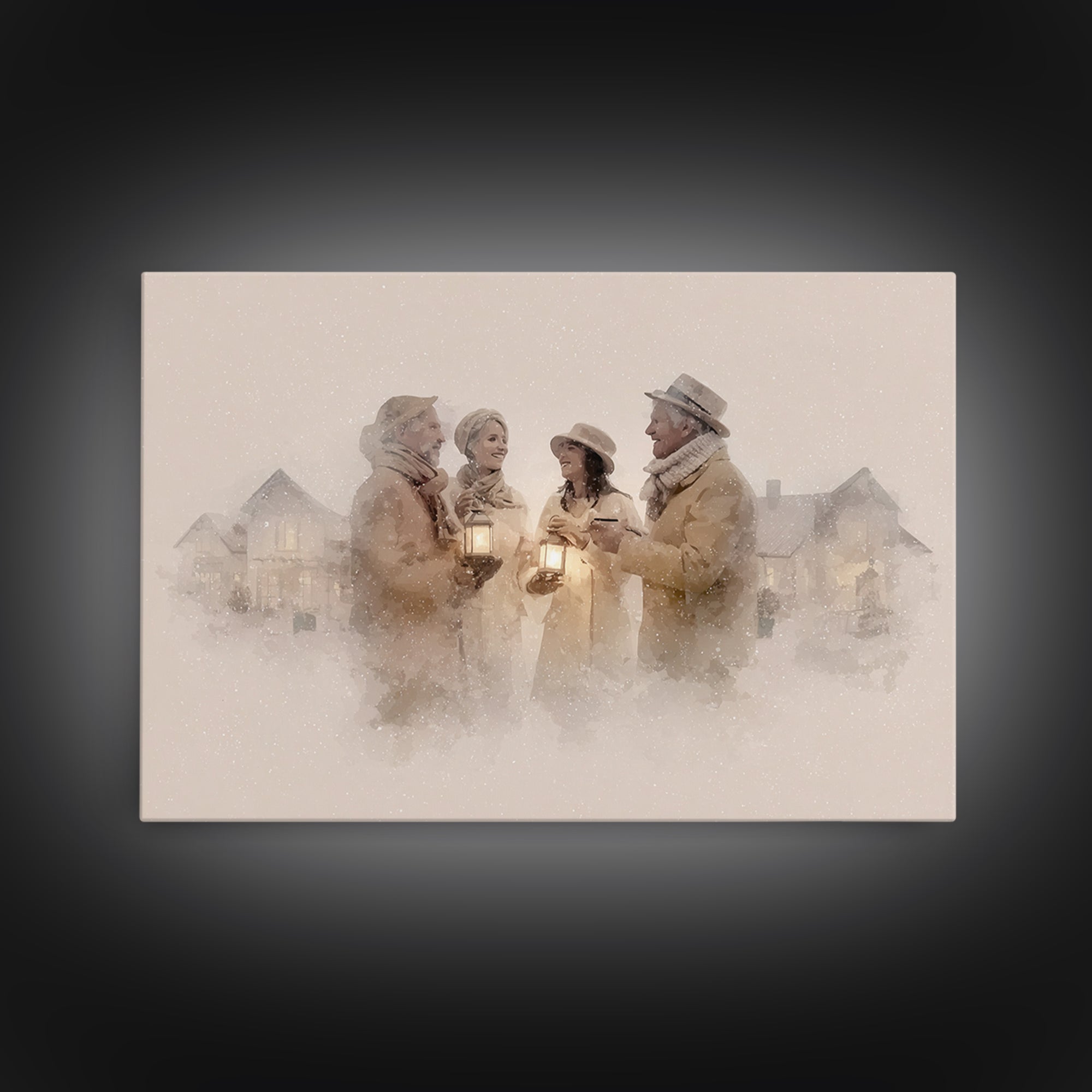 Lantern Gathering | Framed Canvas Print | Christmas Wall Art | Christian Christmas Art | Christmas Art Canvas | Retro Christmas Art | Holid
