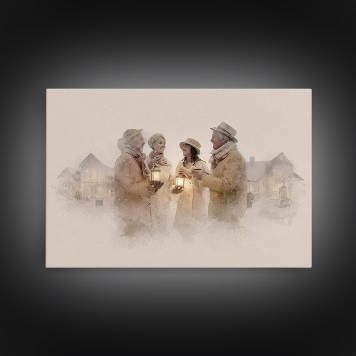 Lantern Gathering | Framed Canvas Print | Christmas Wall Art | Christian Christmas Art | Christmas Art Canvas | Retro Christmas Art | Holid