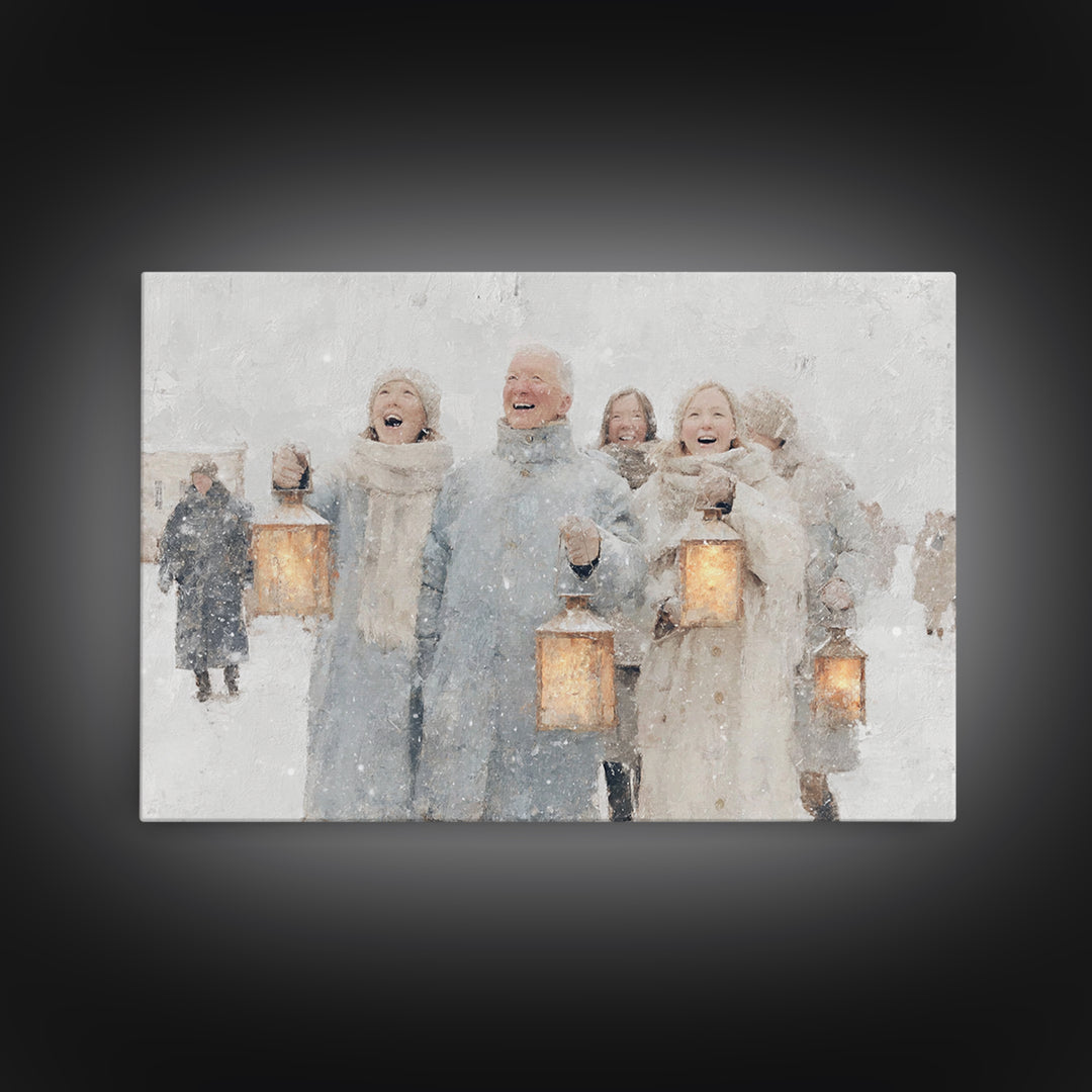 Winter Lantern Choir – Framed Canvas Print – Christmas Art Prints – Christian Christmas Art – Christmas Wall Art – Christmas Art Canvas – H