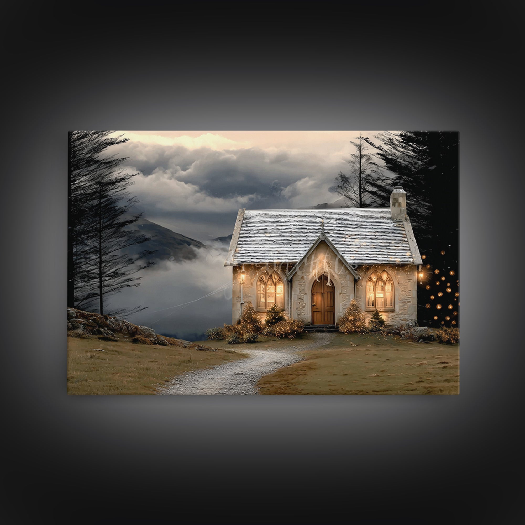 Mountain Chapel Light – Framed Canvas Print – Christian Wall Art – Christian Art Canvas – Christmas Art – Christian Christmas Art – Holiday