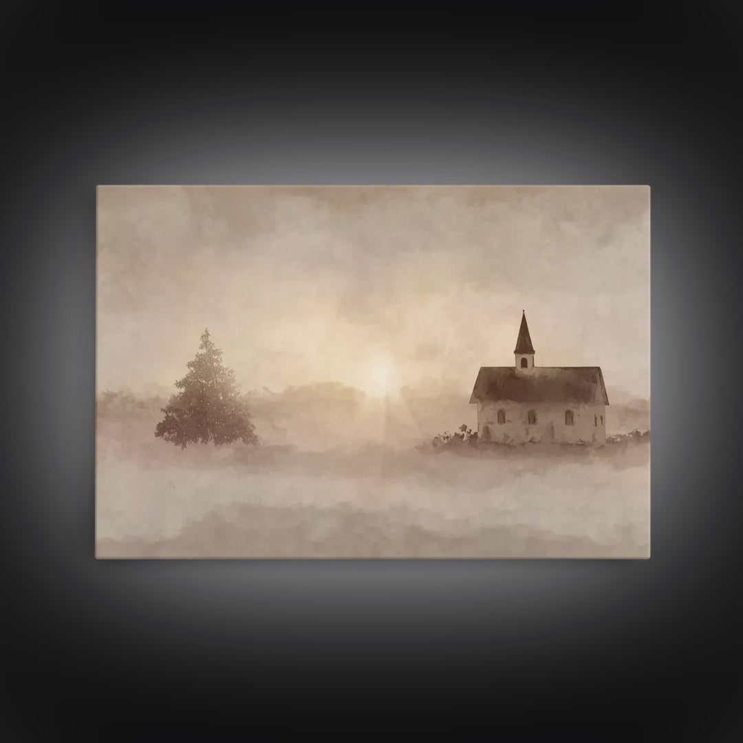 Misty Chapel Dawn – Framed Canvas Print – Christian Wall Art – Christian Art Canvas – Christian Painting – Modern Christian Painting – Chri