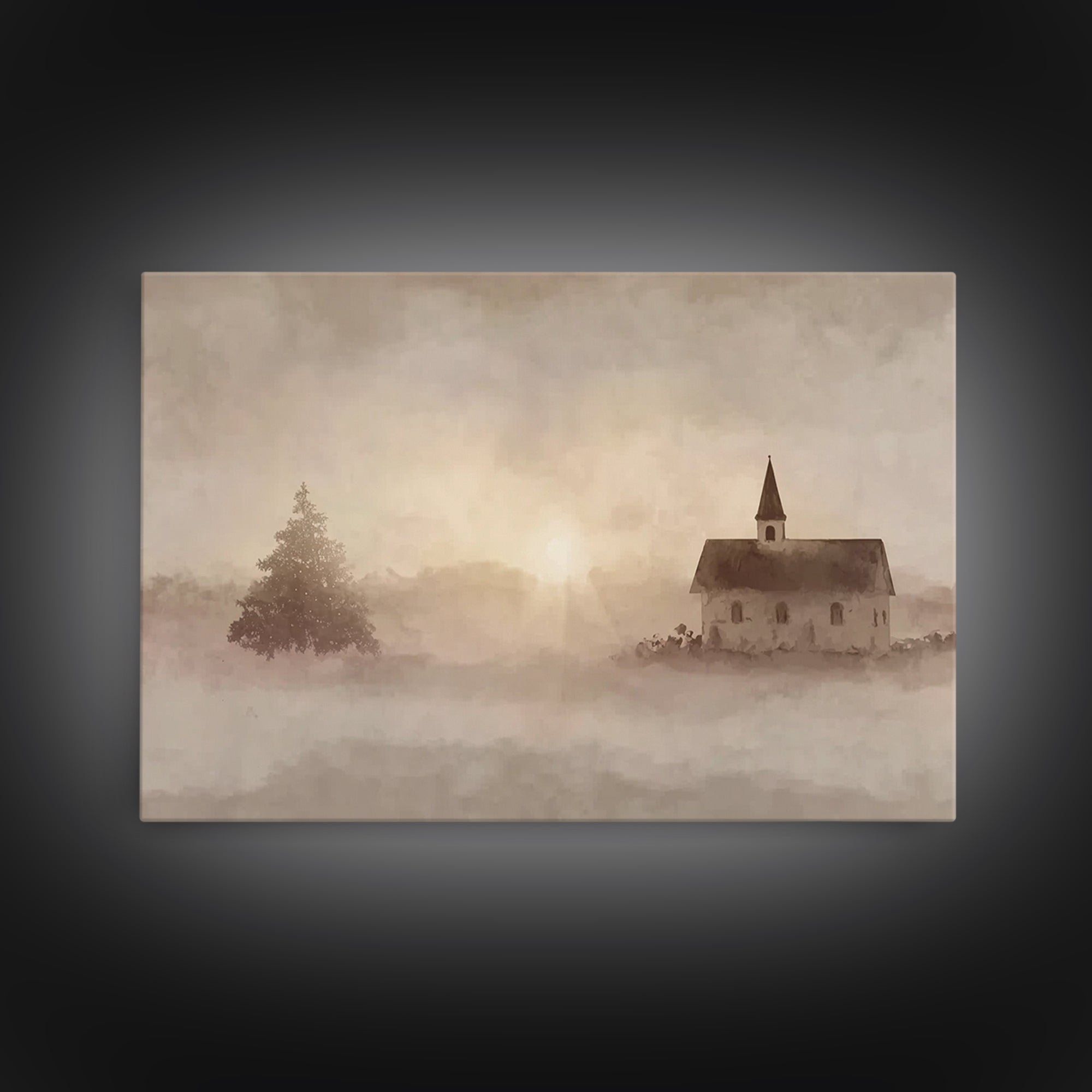Misty Chapel Dawn – Framed Canvas Print – Christian Wall Art – Christian Art Canvas – Christian Painting – Modern Christian Painting – Chri