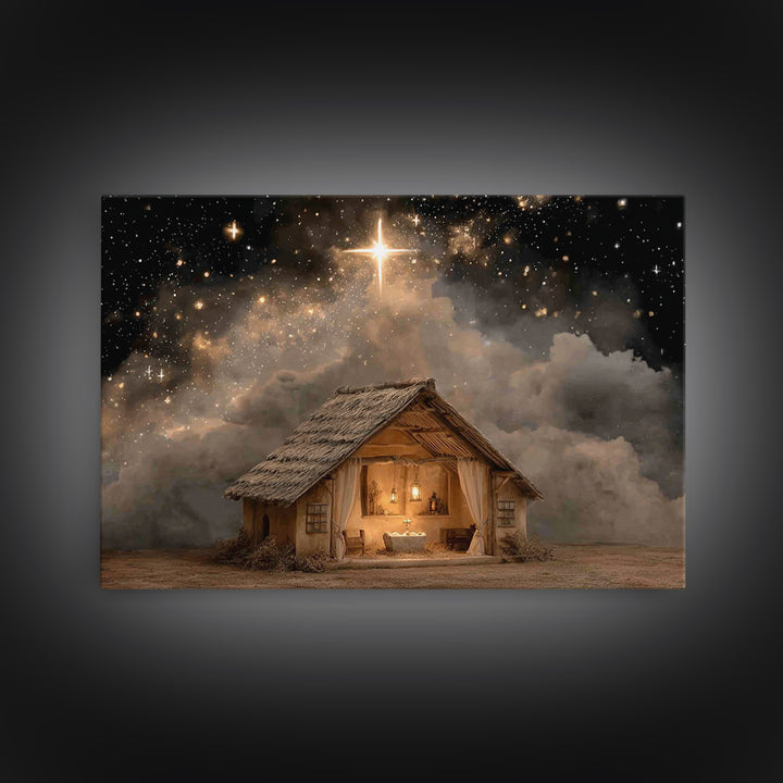 Holy Night Shelter – Framed Canvas Print – Christian Art Canvas – Christmas Art – Christian Wall Art – Christian Christmas Art – Christian