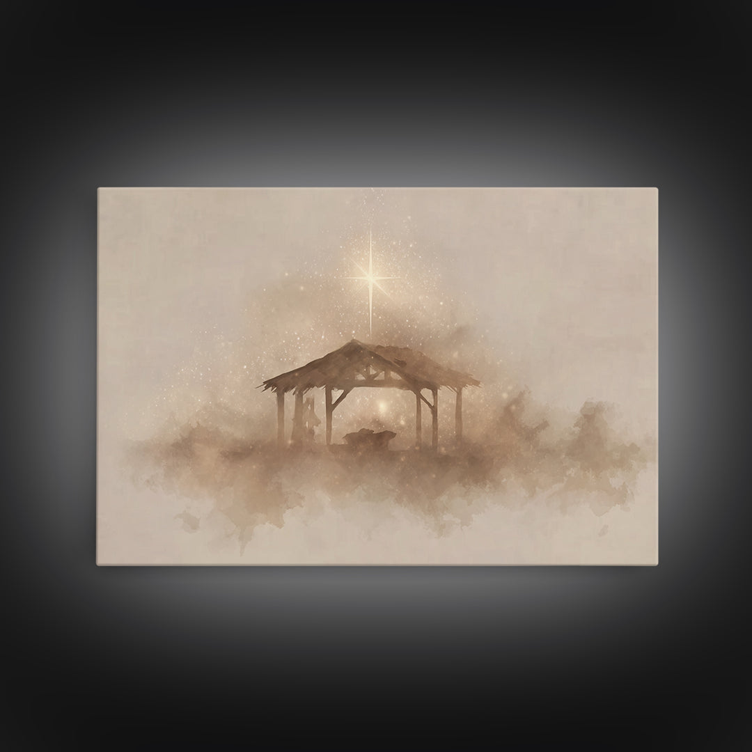 Starlit Manger – Framed Canvas Print – Christmas Art – Christian Christmas Art – Christian Art Canvas – Christian Decor – Christian Wall Ar
