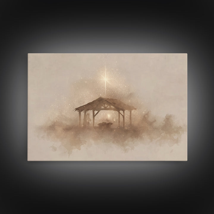 Starlit Manger – Framed Canvas Print – Christmas Art – Christian Christmas Art – Christian Art Canvas – Christian Decor – Christian Wall Ar