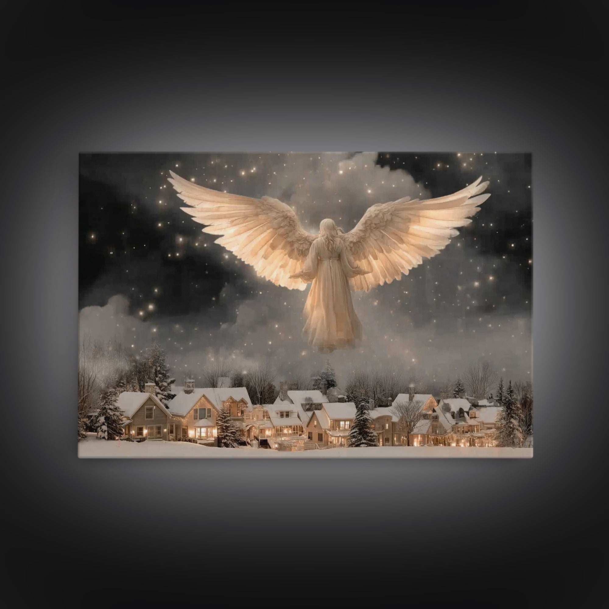 Heavenly Night Watch – Framed Canvas Print – Christmas Wall Art – Christian Art Print – Moody Christmas Art – Christian Decor