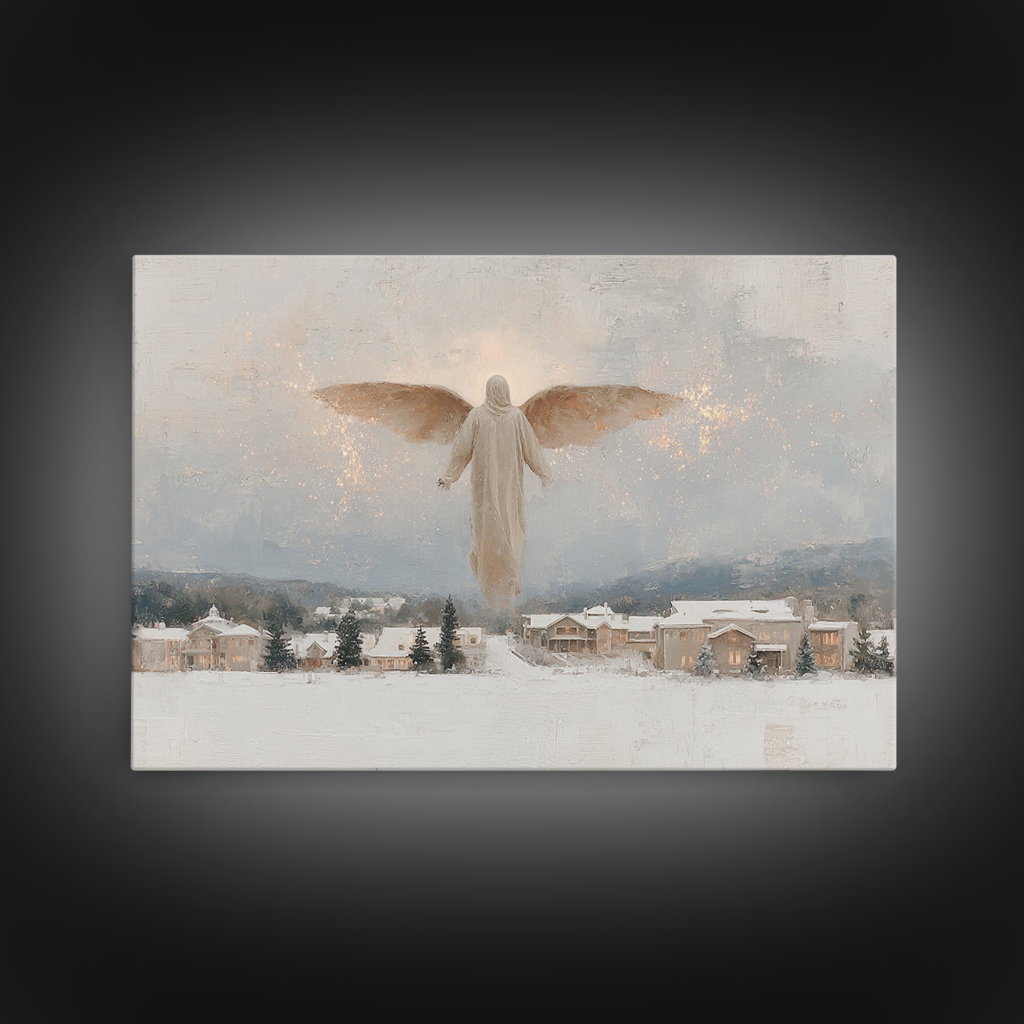 Snowfall Guardian – Framed Canvas Print – Christian Art Canvas – Christmas Art Prints – Vintage Christmas Art – Christian Wall Art
