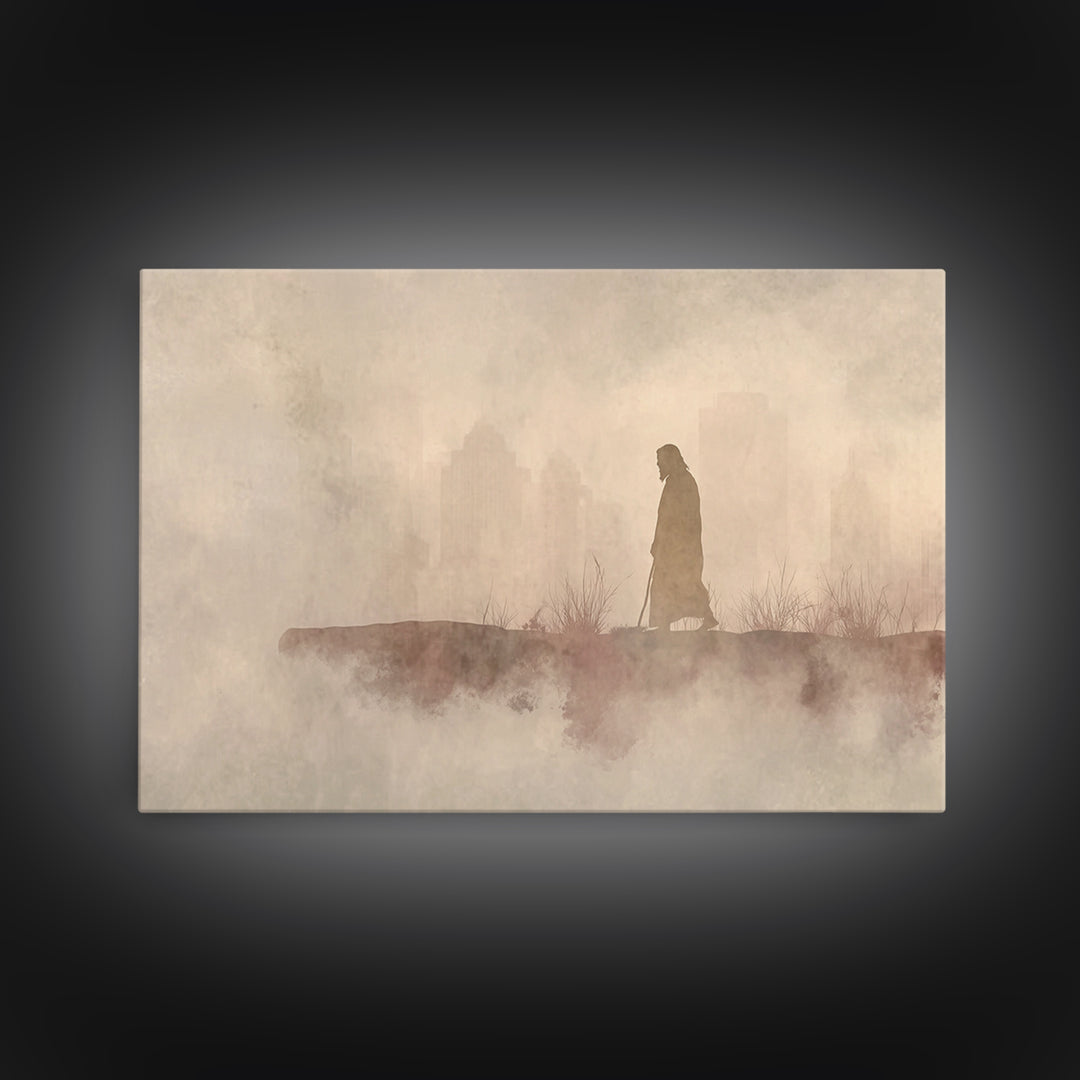 Urban Pilgrim, Framed Canvas Print, Christian Art Canvas, Jesus Painting, Christian Wall Art, Modern Christian Art