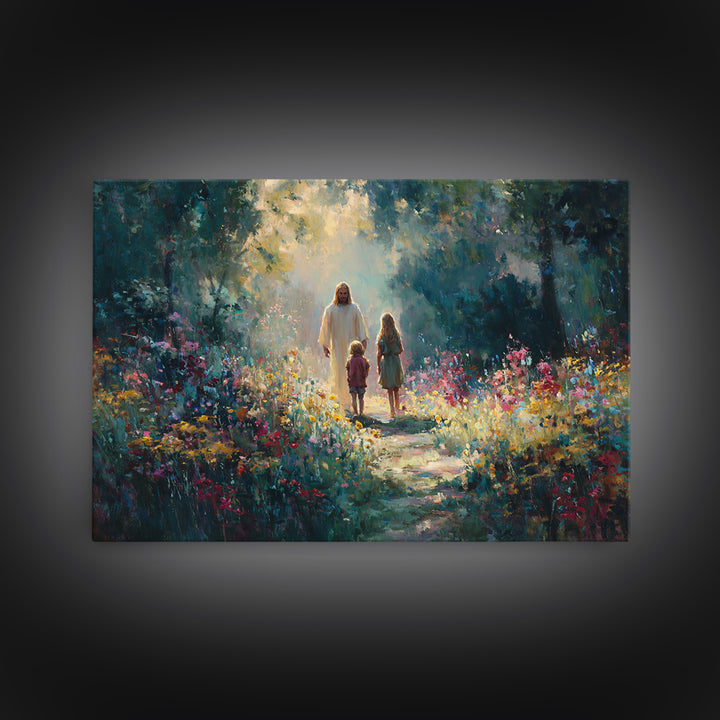 Garden Light Walk, Framed Canvas Print, Christian Art Canvas, Jesus Painting, Christian Wall Art, Christian Gift Ideas