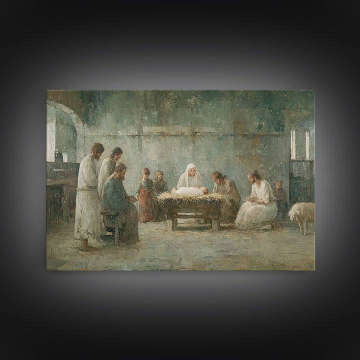 Holy Night Gathering – Framed Canvas Print – Christian Wall Art – Christian Art Canvas – Birth Of Jesus Painting – Christian Christmas Art