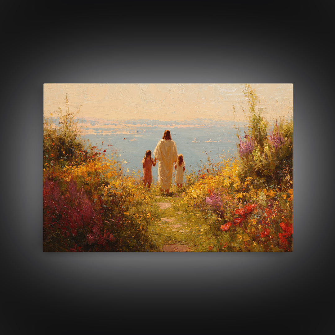 Golden Blossom Walk | Framed Canvas Print | Christian Wall Art | Jesus Painting | Christian Art Work | Bright Christian Art | Christian Chr