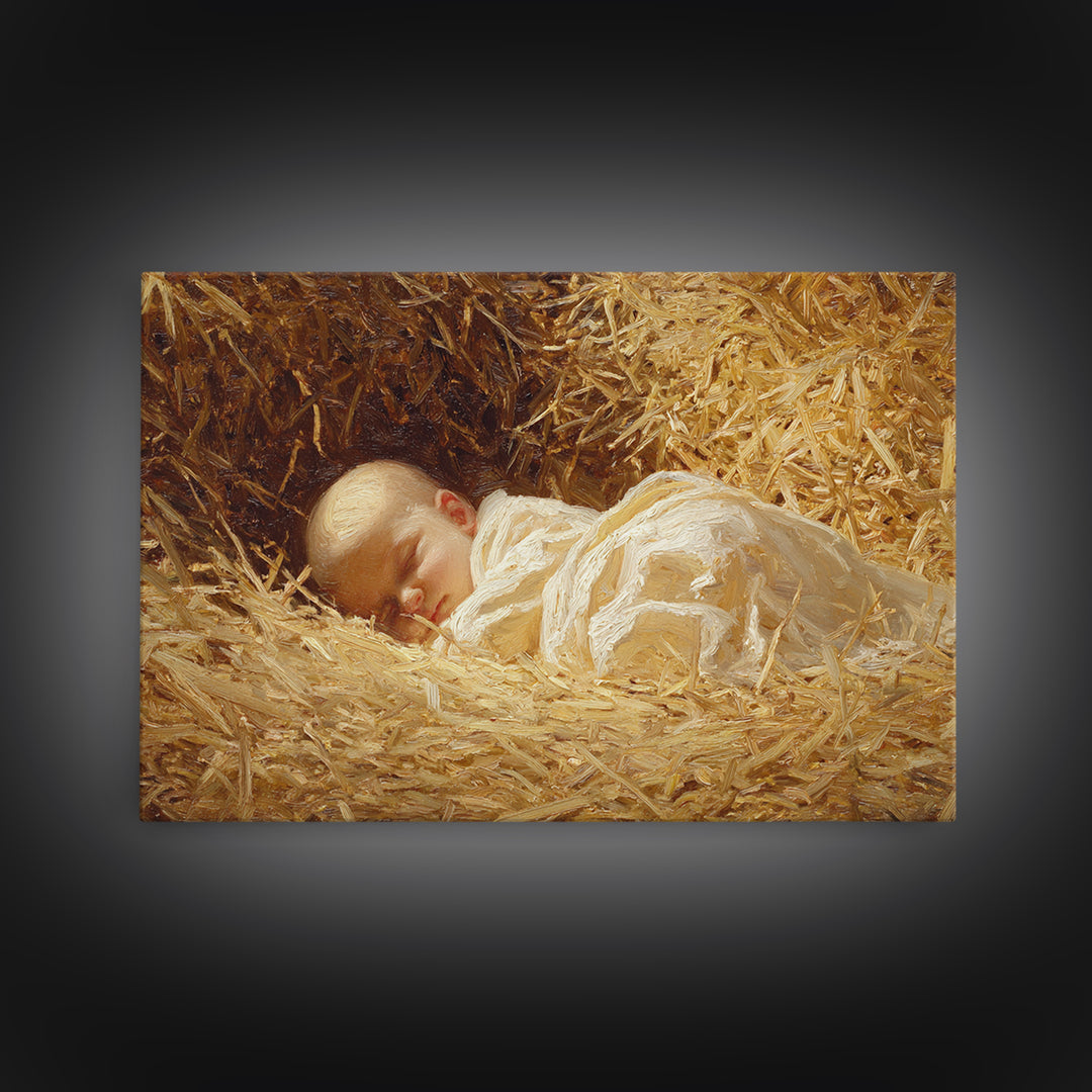 Divine Straw Light – Framed Canvas Print – Christmas Art Prints – Christian Art Canvas – Jesus Christmas Art – Vintage Christian Art – Chri