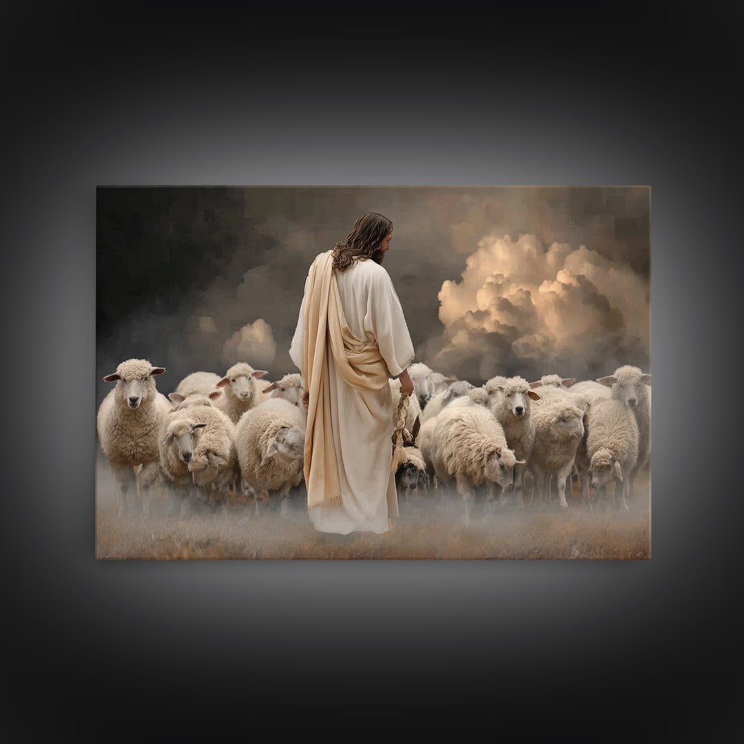 Guiding Shepherd Light, Framed Canvas Print, Christian Art Canvas, Large Jesus Painting, Moody Christian Art, Christian Wall Art, Christian