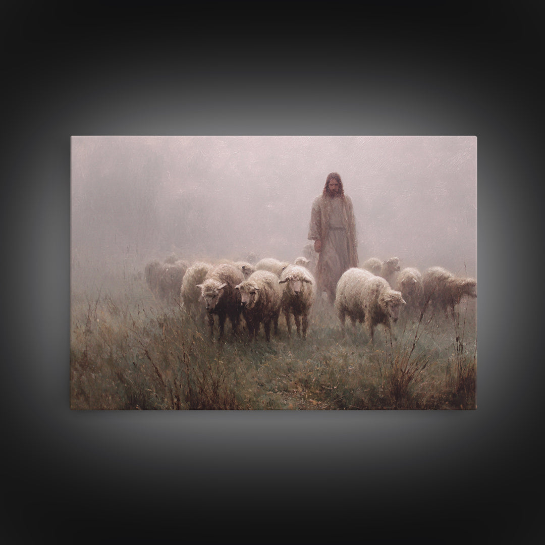 Misty Flock Dawn – Framed Canvas Print – Christian Paintings – Jesus Art Print – Pastoral Scenery – Modern Christian Art – Christian Wall A