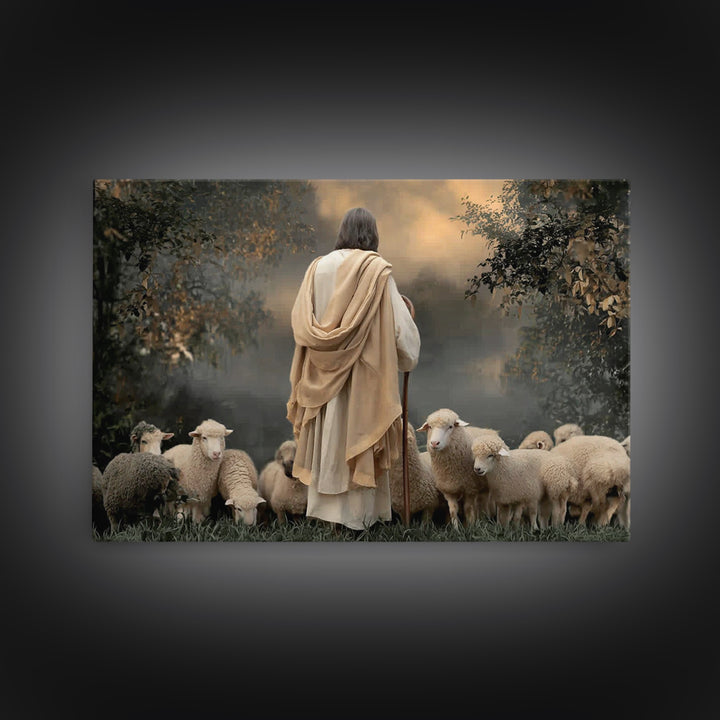 Misty Flock Calm, Framed Canvas Print, Christian Wall Art, Jesus Painting, Christian Art Canvas, Christmas Art