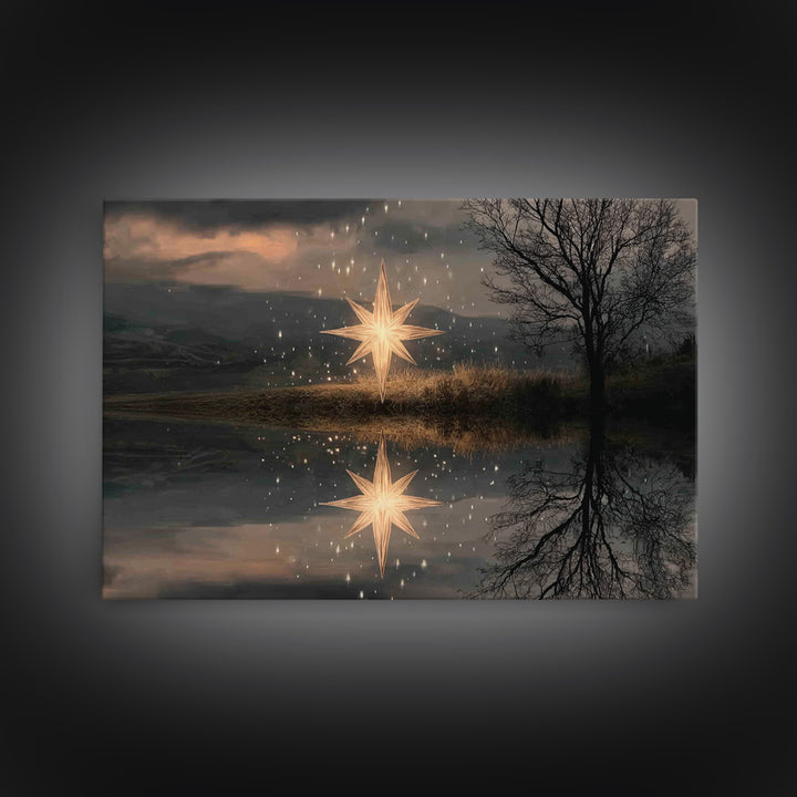 Guiding Star Glow – Framed Canvas Print – Christian Wall Art – Christian Christmas Art – Jesus Painting – Modern Christian Art – Christmas