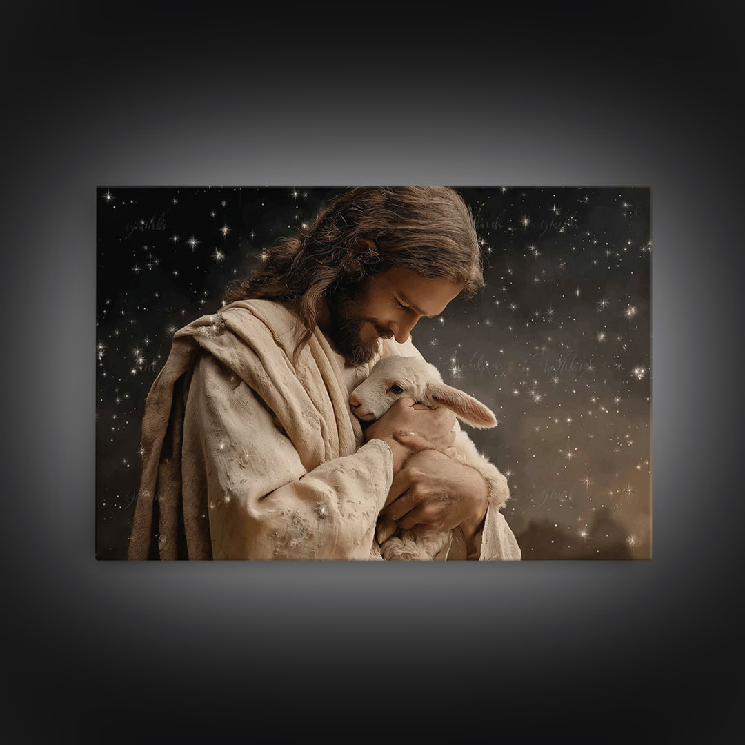 Starry Night Shepherd, Framed Canvas Print, Jesus Wall Art, Christian Art Canvas, Christian Wall Art, Christian Gift, Moody Christian Art