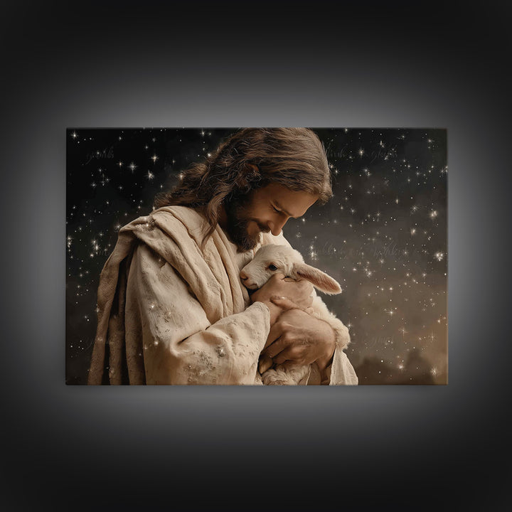 Starry Night Shepherd, Framed Canvas Print, Jesus Wall Art, Christian Art Canvas, Christian Wall Art, Christian Gift, Moody Christian Art