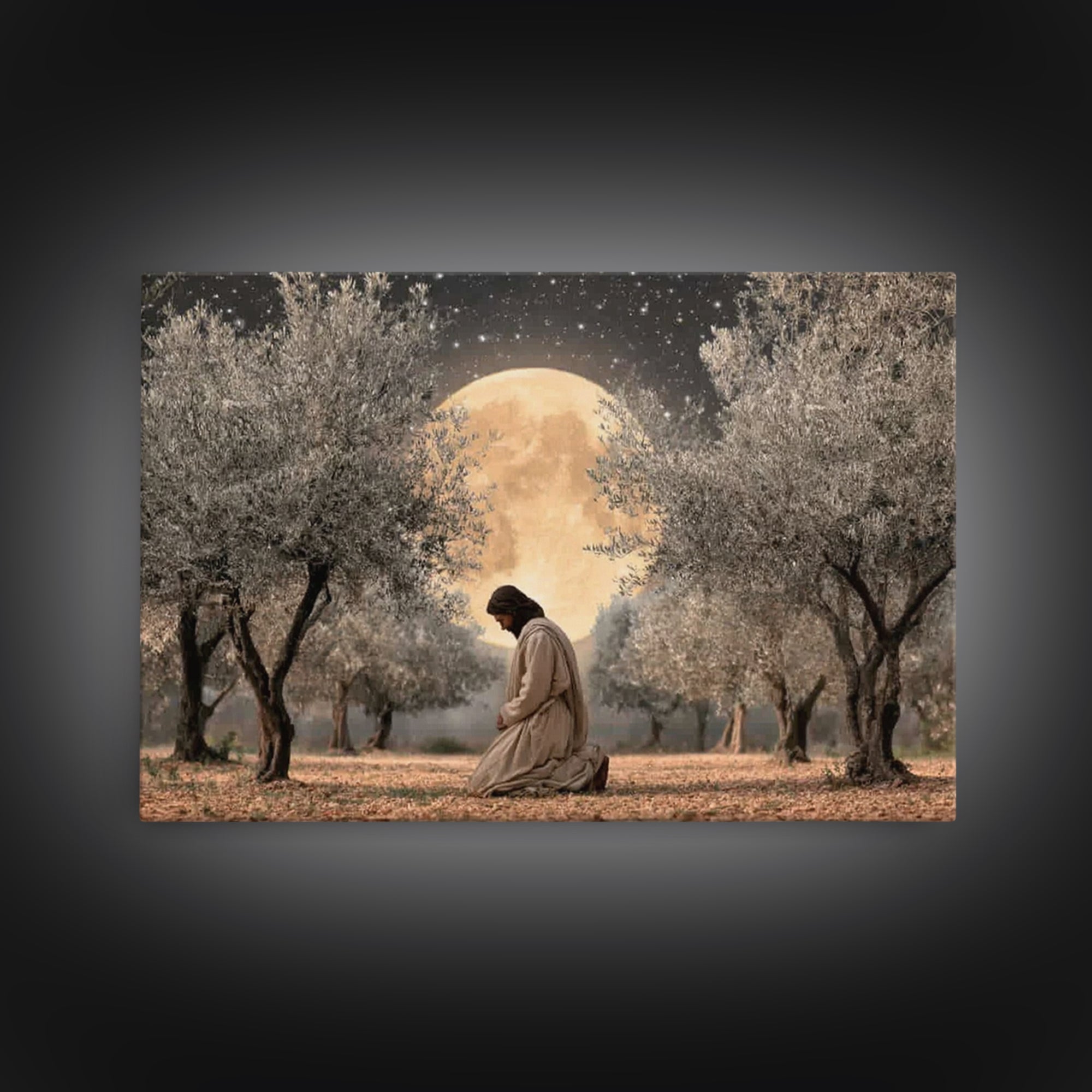 Moonlit Devotion - Framed Canvas Print - Christian Art Canvas - Jesus Painting - Christian Wall Art - Christian Christmas Art