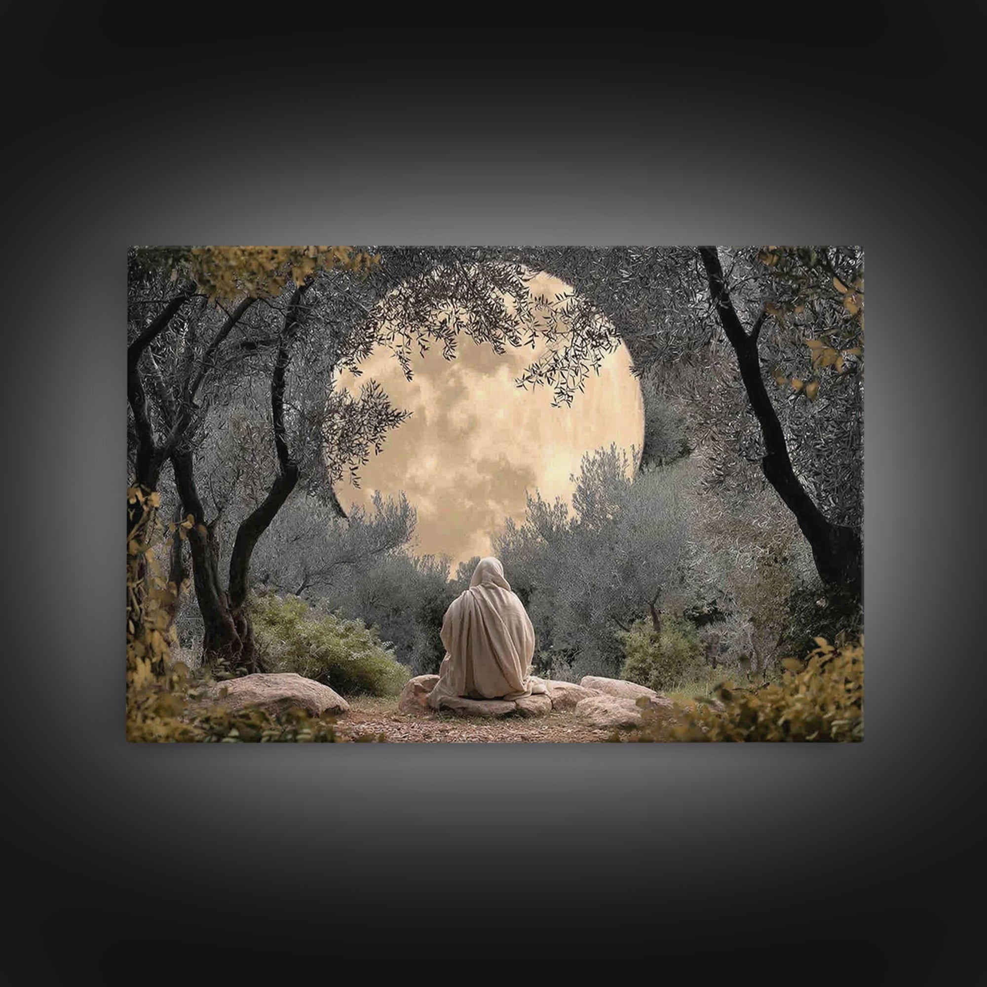 Moonlit Garden Prayer – Framed Canvas Print – Christian Wall Art – Christian Art Canvas – Jesus Painting – Moody Christian Art – Christian