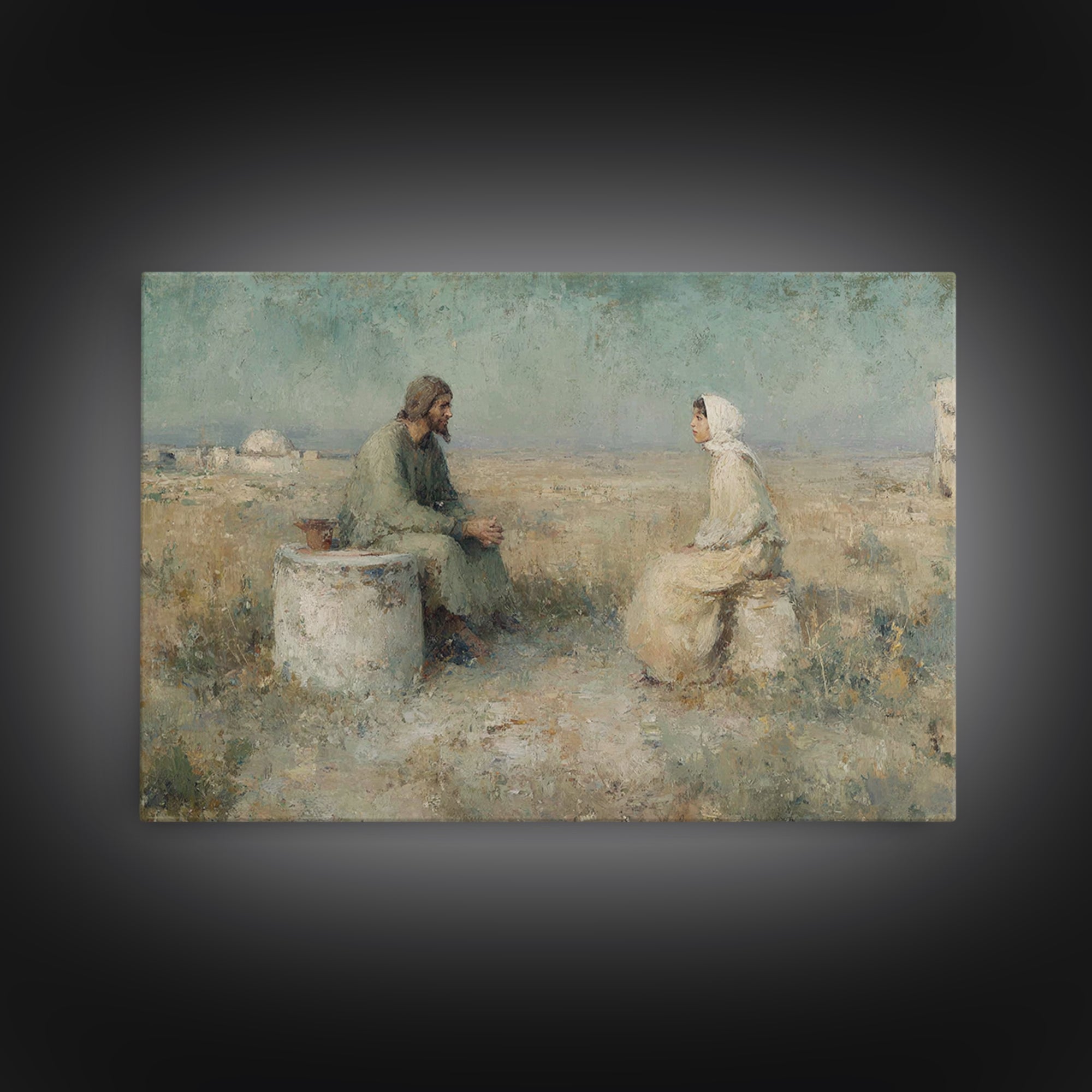 Desert Well Dialogue | Framed Canvas Print | Christian Art Canvas | Jesus Painting | Christian Wall Art | Vintage Christian Art | Christian