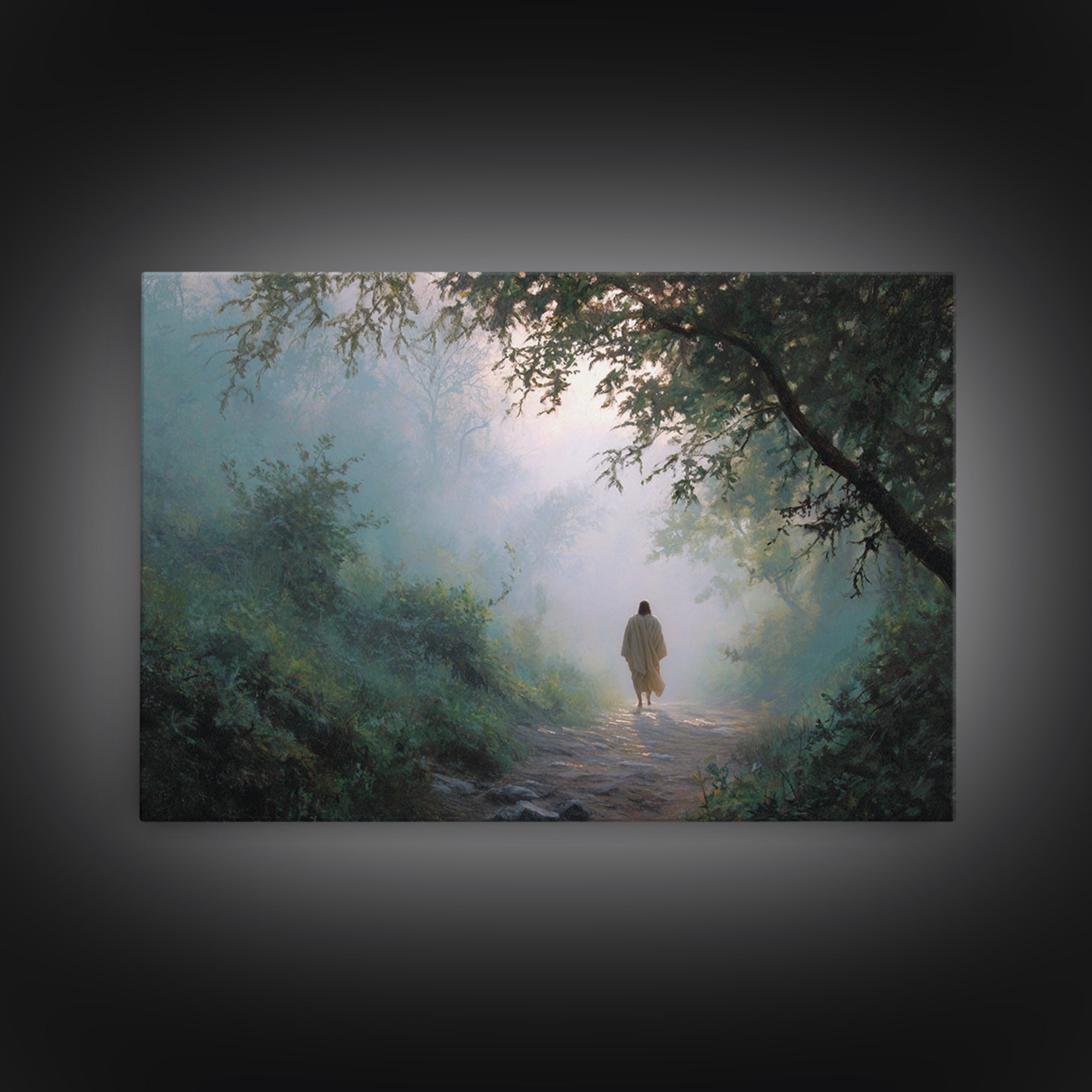 Forest Dawn Walk, Framed Canvas Print, Christian Wall Art, Christian Art Canvas, Jesus Painting, Moody Christian Art